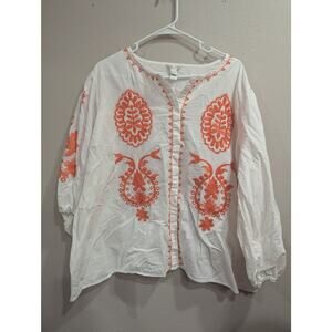Gorgeous white gauzy peasant style blouse w/orange embroidery, Cato plus 26/28